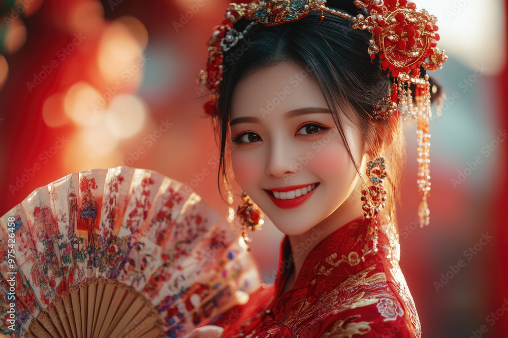 Chinese New Year, a young woman holding a red envelope Chinese New Year, a young woman holding a red envelope