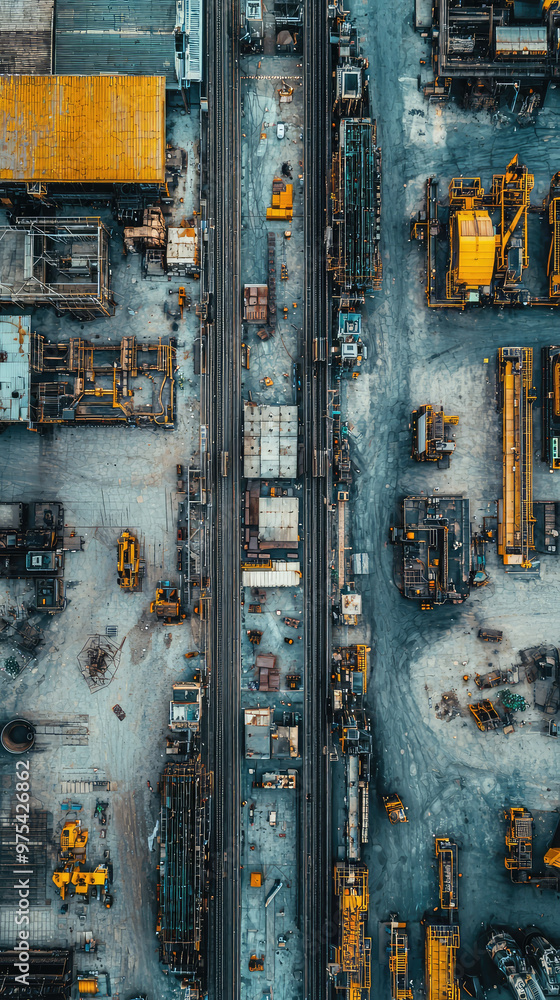 Aerial view of large industrial production line showcasing machinery and equipment in factory setting. organized layout highlights scale and complexity of operations Aerial view of large industrial production line showcasing machinery and equipment in factory setting. organized layout highlights scale and complexity of operations