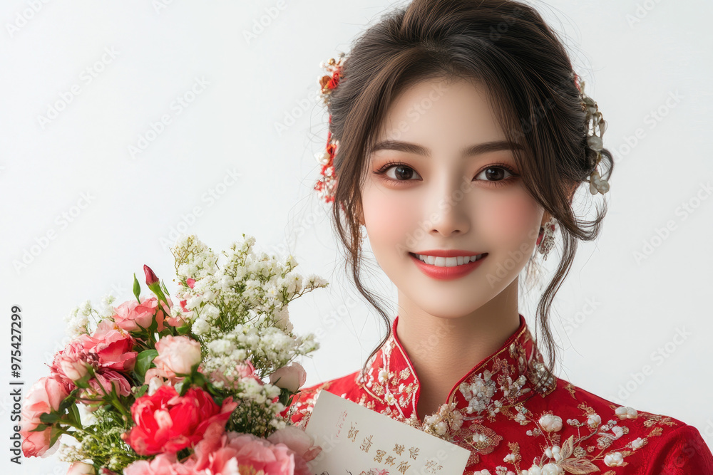 A young woman wearing traditional Chinese clothing and holding a gift A young woman wearing traditional Chinese clothing and holding a gift