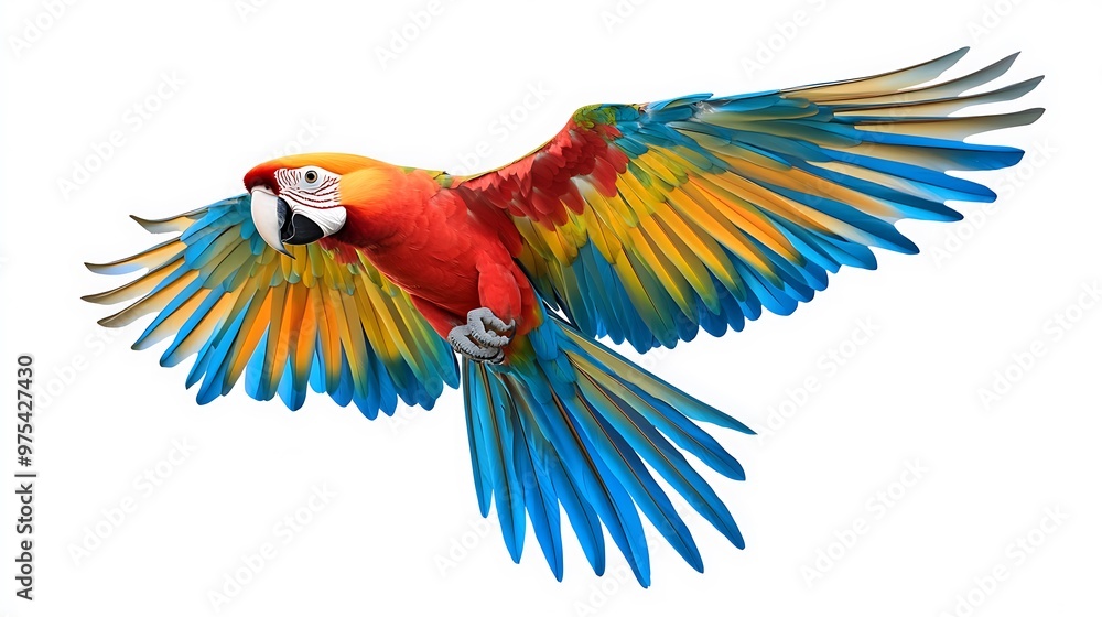 Fototapeta premium A vibrant scarlet macaw with blue and yellow feathers in flight, wings spread wide against a white background.