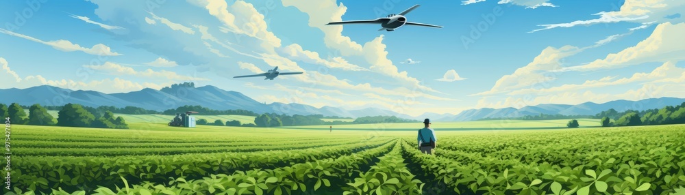 A farmer inspecting a drone flying over a soybean field, monitoring crop health in this futuristic illustration A farmer inspecting a drone flying over a soybean field, monitoring crop health in this futuristic illustration