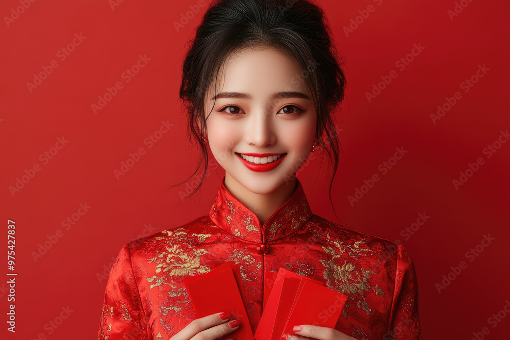 Chinese New Year, a young woman holding a red envelope Chinese New Year, a young woman holding a red envelope