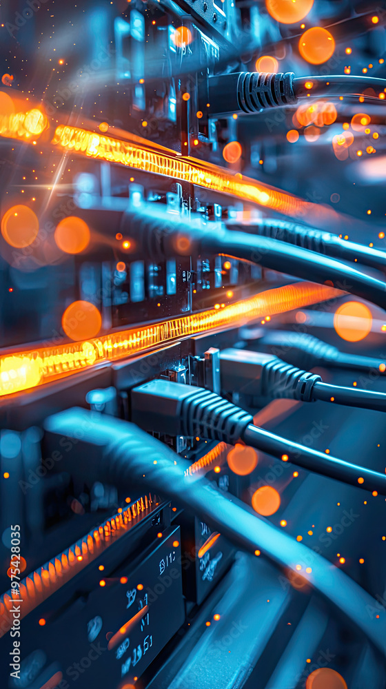 Secure network system with encrypted data streams showcases vibrant orange lights and cables, symbolizing advanced technology and connectivity. image evokes sense of innovation and security