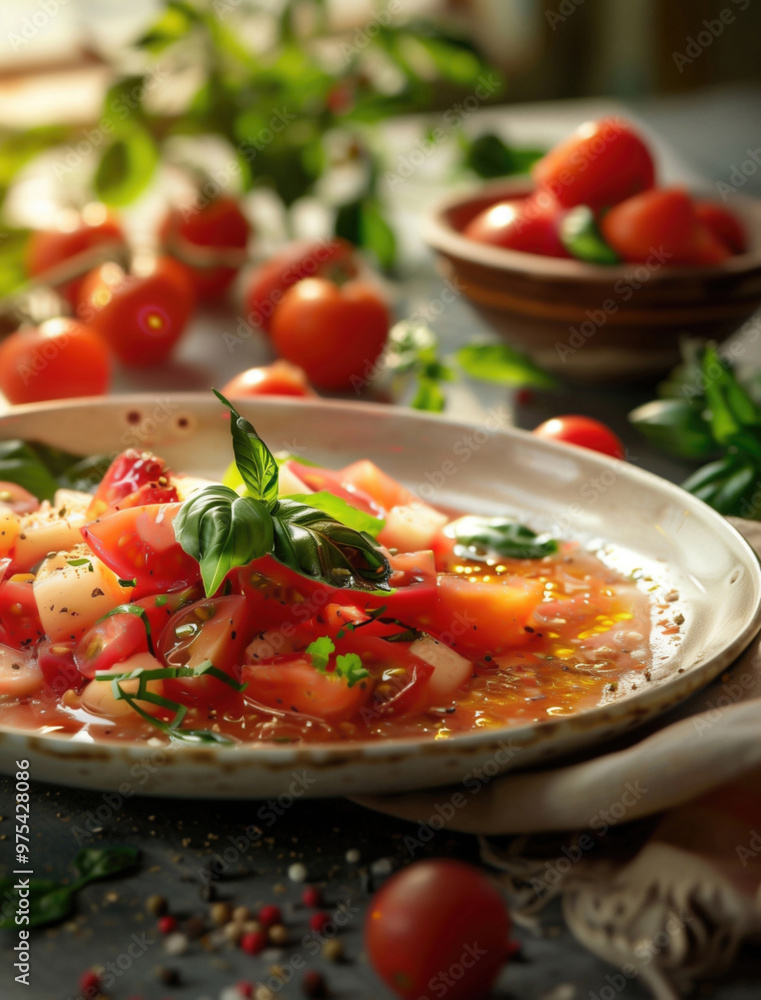 Close up of Gazpacho with basil garnish in a rustic ceramic bowl Close up of Gazpacho with basil garnish in a rustic ceramic bowl