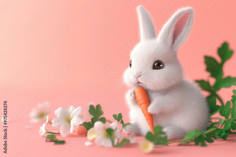 Obraz premium Small white rabbit eating carrot