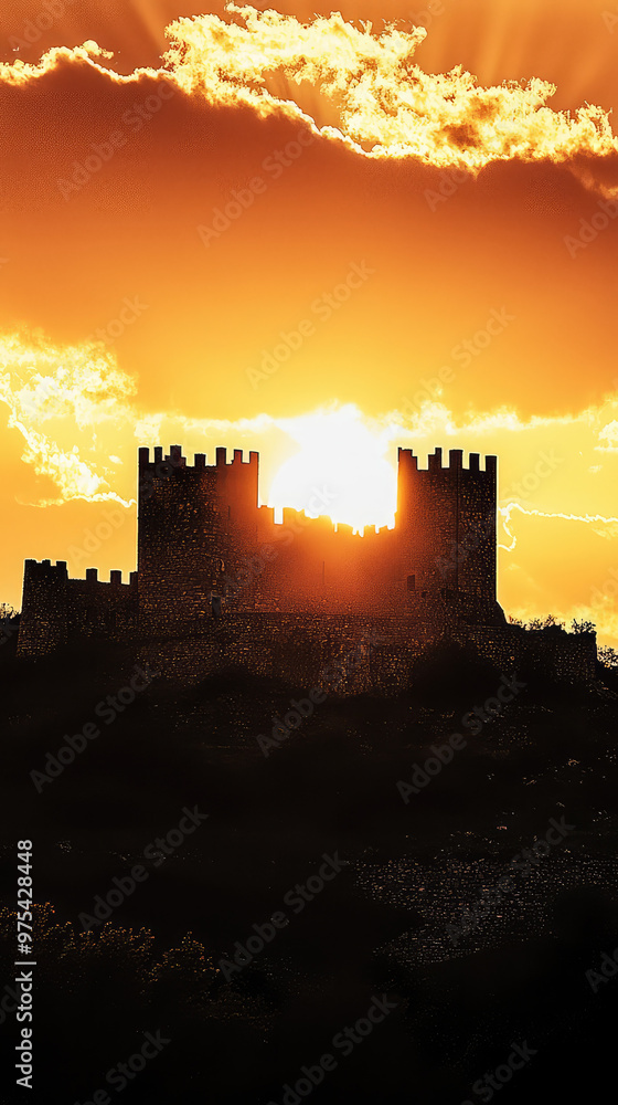 A silhouetted castle on hill with sun setting behind it creates dramatic and enchanting scene. warm hues of sunset enhance majestic structure, evoking sense of wonder and history A silhouetted castle on hill with sun setting behind it creates dramatic and enchanting scene. warm hues of sunset enhance majestic structure, evoking sense of wonder and history
