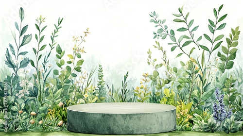 A serene platform surrounded by lush greenery and delicate flowers, perfect for presentations or nature-themed displays.