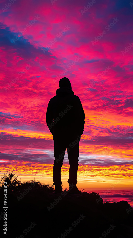 A silhouetted figure stands against vibrant sunset, showcasing stunning array of colors in sky. scene evokes sense of tranquility and wonder A silhouetted figure stands against vibrant sunset, showcasing stunning array of colors in sky. scene evokes sense of tranquility and wonder