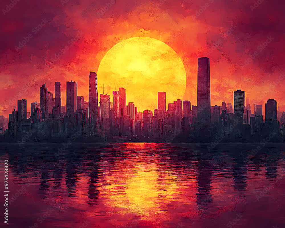 Watercolor sunset skyline with brilliant hues of red and orange reflecting on calm water, evoking a tranquil evening atmosphere. Watercolor sunset skyline with brilliant hues of red and orange reflecting on calm water, evoking a tranquil evening atmosphere.