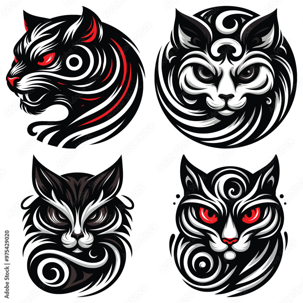 Fototapeta premium Intricate cat head vector illustrations black white and red on white background, perfect for tattoos