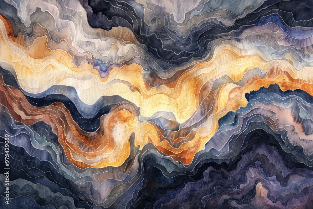An abstract representation of swirling colors in warm and cool tones, reminiscent of natural landscapes and fluid motion. An abstract representation of swirling colors in warm and cool tones, reminiscent of natural landscapes and fluid motion.
