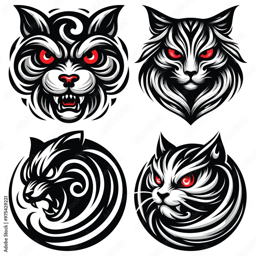 Obraz premium Fierce cat illustrations with red eyes in black and white, vector art, tattoo or logo design