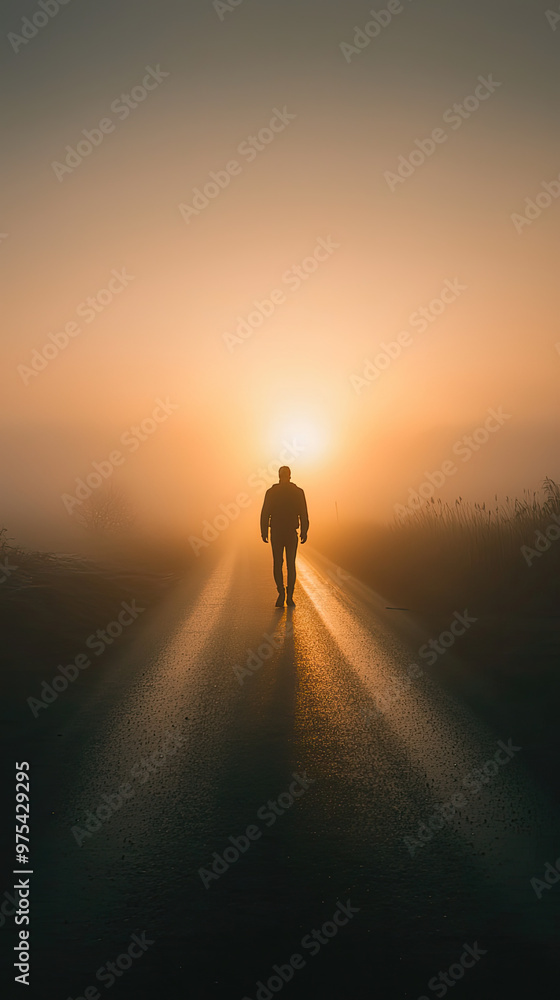 A silhouetted man walking along foggy road at sunrise creates serene and contemplative atmosphere. soft light and mist evoke sense of tranquility and reflection A silhouetted man walking along foggy road at sunrise creates serene and contemplative atmosphere. soft light and mist evoke sense of tranquility and reflection