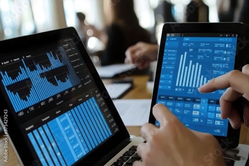 A person reviewing financial charts on a laptop and tablet, representing data analysis, business metrics, and digital finance tools.