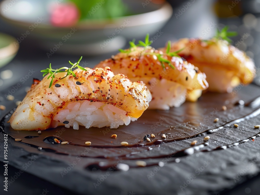 Engawa Nigiri sushi with halibut, sesame, and fish roe on a black background, close up Engawa Nigiri sushi with halibut, sesame, and fish roe on a black background, close up