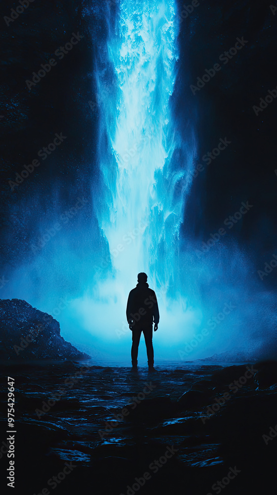 Fototapeta premium A person stands silhouetted in front of glowing waterfall, surrounded by mist and darkness, creating dramatic and captivating scene. contrast of light and shadow evokes sense of wonder and tranquility