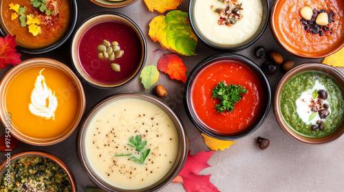 Variety of Colorful Autumn Soups in Bowls with Fall Leaves. Assorted bowls of vibrant autumn soups garnished with herbs, surrounded by colorful fall leaves. Perfect for seasonal cooking and cozy meal 