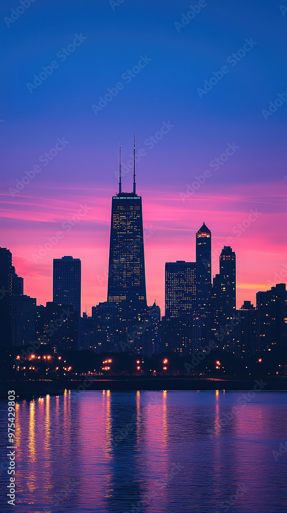 Obraz premium A stunning silhouetted skyline of city at twilight, showcasing glowing buildings against vibrant purple and blue sky. reflection on water adds to serene atmosphere