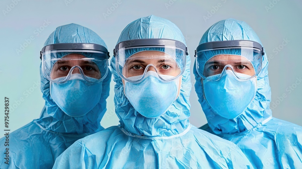 Three medical professionals in blue protective gear and face masks, showcasing teamwork and safety in healthcare environments. Three medical professionals in blue protective gear and face masks, showcasing teamwork and safety in healthcare environments.