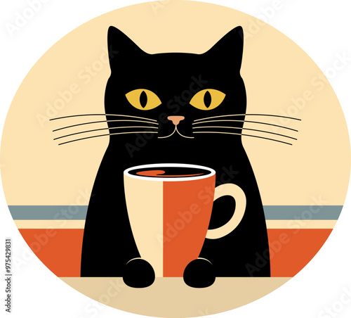 黒猫とコーヒーカップのレトロなビンテージ風イラスト（Retro vintage style illustration of black cat and coffee cup）
