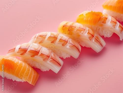 Hokkigai Nigiri, surf clam sushi on rice, isolated on solid bold background, minimalistic composition photo