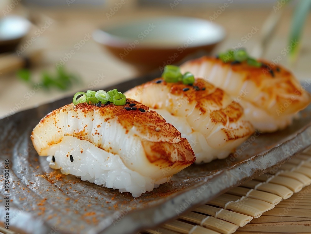 Seared Hotate nigiri sushi on rice, ceramic plate, traditional Japanese cuisine with light background Seared Hotate nigiri sushi on rice, ceramic plate, traditional Japanese cuisine with light background