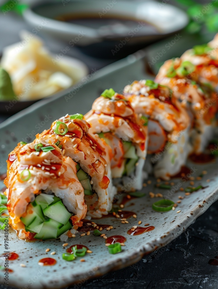 Shrimp Tempura Roll with avocado and cucumber on a dark rustic plate Shrimp Tempura Roll with avocado and cucumber on a dark rustic plate