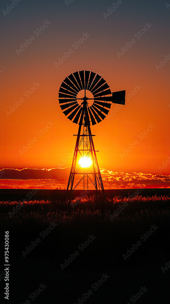 A silhouetted windmill turning slowly against stunning sunset, casting warm glow over landscape. vibrant colors of sky create serene and peaceful atmosphere A silhouetted windmill turning slowly against stunning sunset, casting warm glow over landscape. vibrant colors of sky create serene and peaceful atmosphere