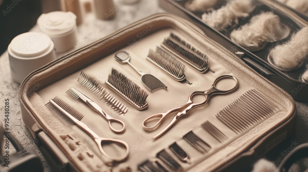 A neatly organized pet grooming kit featuring various brushes and scissors, placed in a sleek case, showcasing high-quality tools for grooming pets. A neatly organized pet grooming kit featuring various brushes and scissors, placed in a sleek case, showcasing high-quality tools for grooming pets.