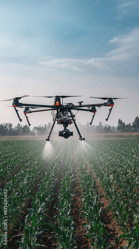 A drone is flying over lush green field, applying fertilizer with precision. scene captures innovation in agriculture, showcasing technology enhancing crop growth and sustainability A drone is flying over lush green field, applying fertilizer with precision. scene captures innovation in agriculture, showcasing technology enhancing crop growth and sustainability