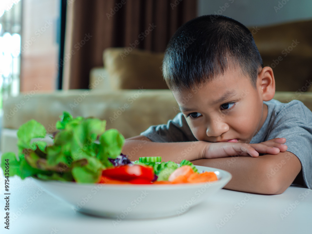 Children do not like to eat vegetables, Little cute boy refuses to eat healthy vegetables, Nutrition healthy eating habits for kids concept, Children do not like to eat vegetables. Children do not like to eat vegetables, Little cute boy refuses to eat healthy vegetables, Nutrition healthy eating habits for kids concept, Children do not like to eat vegetables.