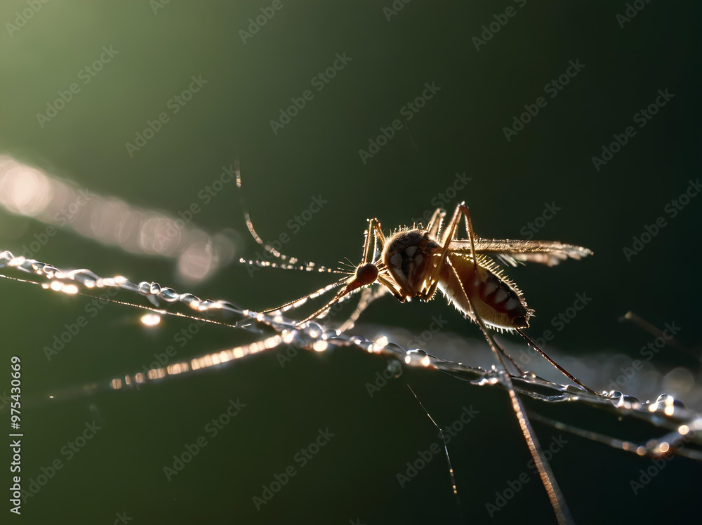 Fototapeta premium Detailed view of a mosquito holding onto a thin spider web thread, the web glistening in the light.