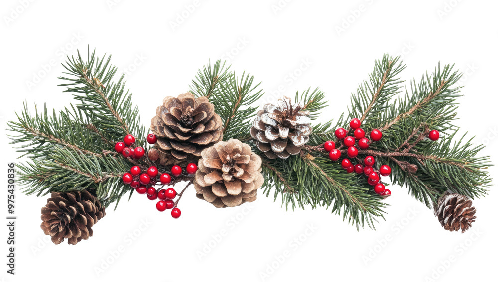 Christmas Composition with Fir Branches, Red Berries, and Pine Cones on White Background Christmas Composition with Fir Branches, Red Berries, and Pine Cones on White Background