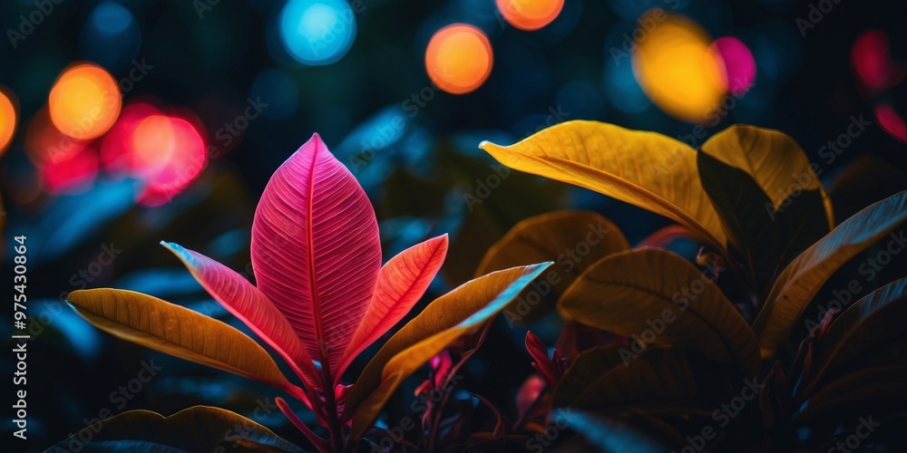 An organism framed in neon surrounded by tropical leaves at midnight. An organism framed in neon surrounded by tropical leaves at midnight.