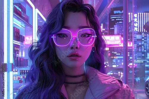 A futuristic portrait of a woman with neon glasses in a vibrant cityscape.