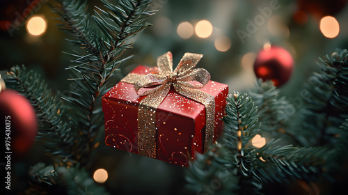 Sparkling Red Gift Box Nestled in Festive Christmas Tree Branches