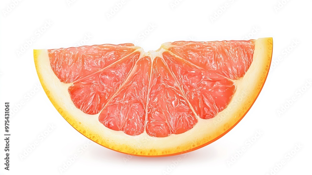 A slice of grapefruit, pink and juicy, with a yellow rind and a white background. A slice of grapefruit, pink and juicy, with a yellow rind and a white background.