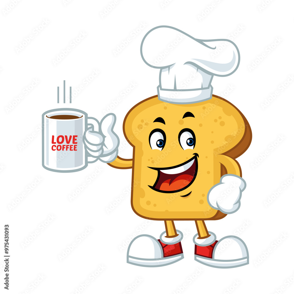 Cute cartoon toast bread chef holding coffee mug, perfect for food and beverage promotions. Cute cartoon toast bread chef holding coffee mug, perfect for food and beverage promotions.