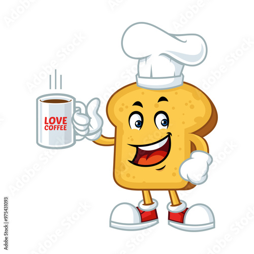 Cute cartoon toast bread chef holding coffee mug, perfect for food and beverage promotions.