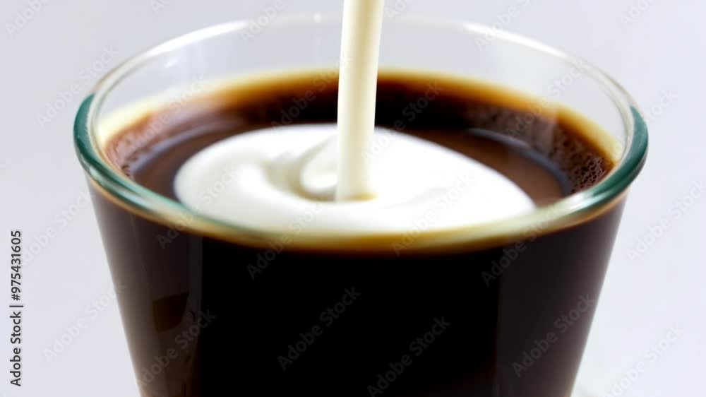 A slow-motion video of cream being poured into a hot cup of coffee, swirling and creating creamy patterns as it mixes with the dark coffee.
A slow-motion video of cream being poured into a hot cup of coffee, swirling and creating creamy patterns as it mixes with the dark coffee.