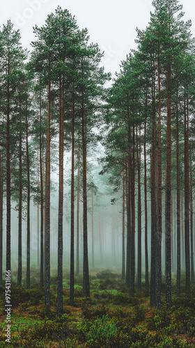 Misty morning in Swedish pine forest, showcasing tall trees surrounded by fog and lush greenery. serene atmosphere evokes sense of calm and tranquility