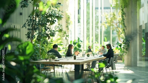 A business meeting in an eco-friendly office, green plants and natural light creating a fresh atmosphere, participants discussing sustainability strategies. 32k, full ultra hd, high resolution photo