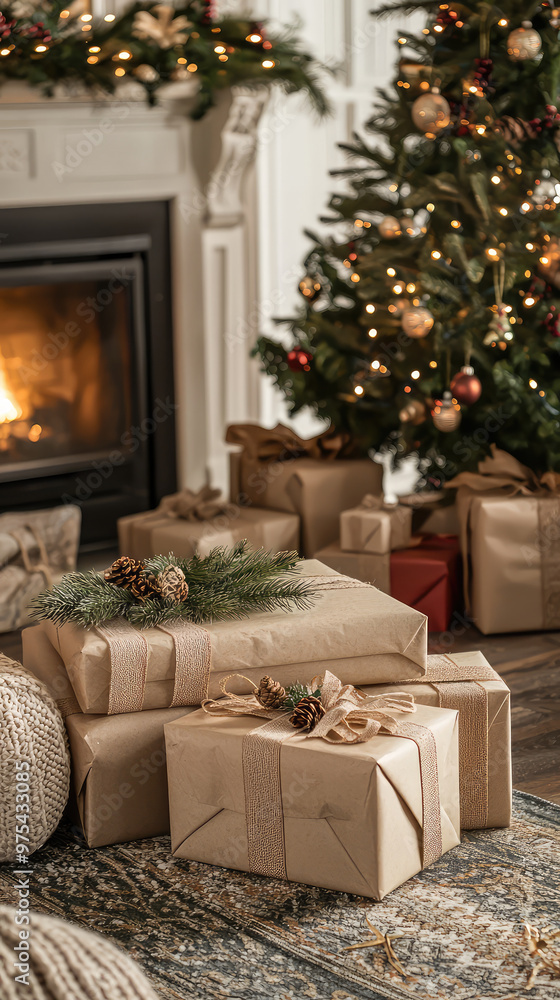 Obraz premium Cozy holiday themed living room with wrapped gift boxes, decorated Christmas tree, and warm fireplace. scene evokes feelings of joy and celebration
