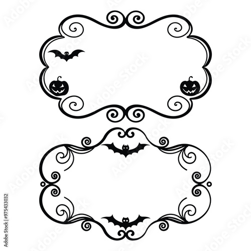 Halloween Decorative frame Vector silhouette, adding pumpkins bat pictures frames, Black and White rectangle creepy scary curly Elegant embellishment border elements decoration 