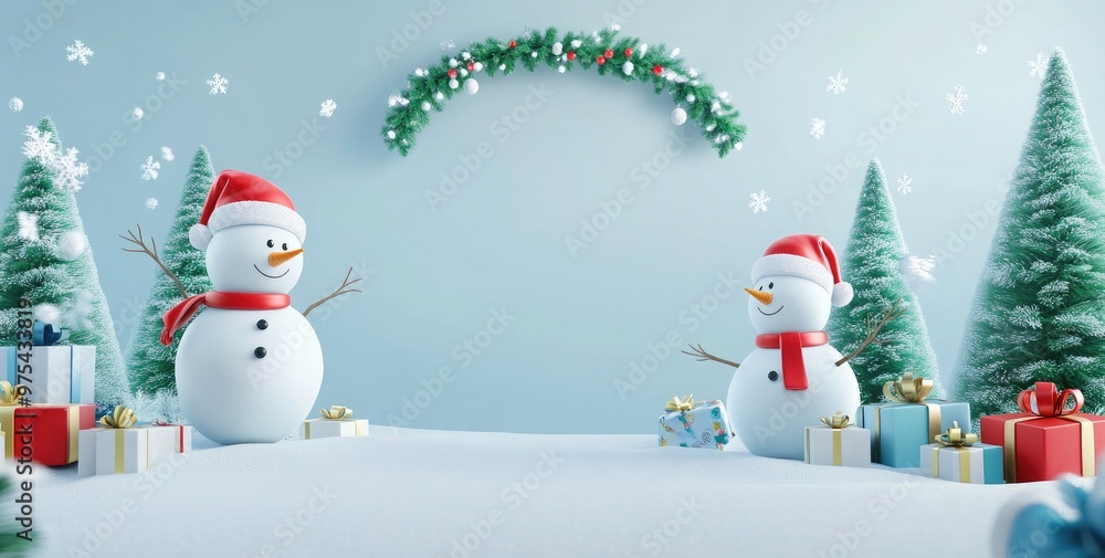 Fototapeta premium Merry Christmas podium background- Christmas and new year podium stage for product display with snowmen, green trees and gifts - Christmas product presentation mockup