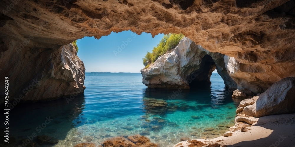 Fototapeta premium Sea Cave Entrance with Crystal Clear Water and Blue Sky.