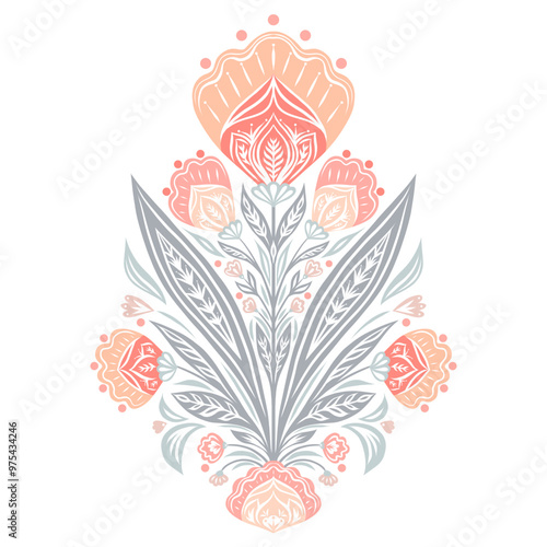 Vector decorative floral scale pattern in pastel colors on white background. Ornamental seamless texture with bloom tracery flowers in row for wallpaper, fabric