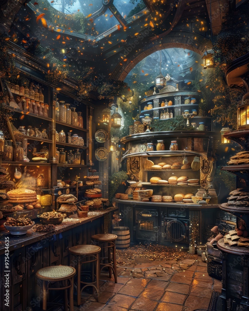 A whimsical bakery filled with treats, jars, and enchanting lights, creating a warm, inviting atmosphere for visitors.
