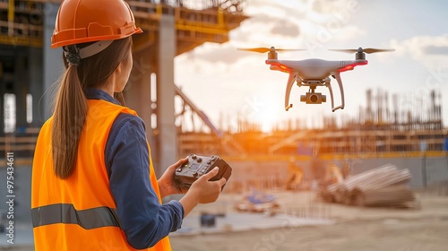 Female civil engineer using a drone controller to survey a construction site from above photo