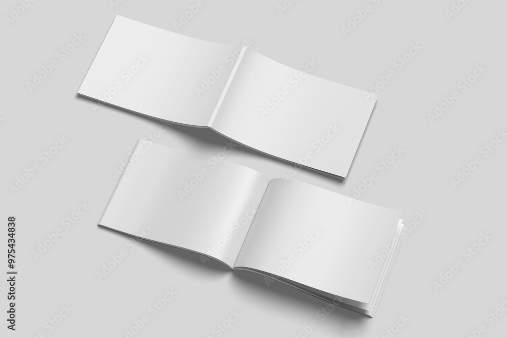 Cover and opened landscape brochure magazine mockup blank side view angle Cover and opened landscape brochure magazine mockup blank side view angle